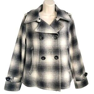 Womens Eddie Bauer Size M Plaid Wool Short Double Breasted Peacoat  Black White